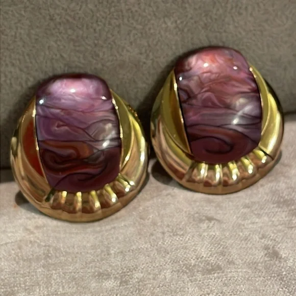 Vintage 80’s Gold and Purple Art Glass Earrings Clipon Bold Glam - Picture 1 of 6